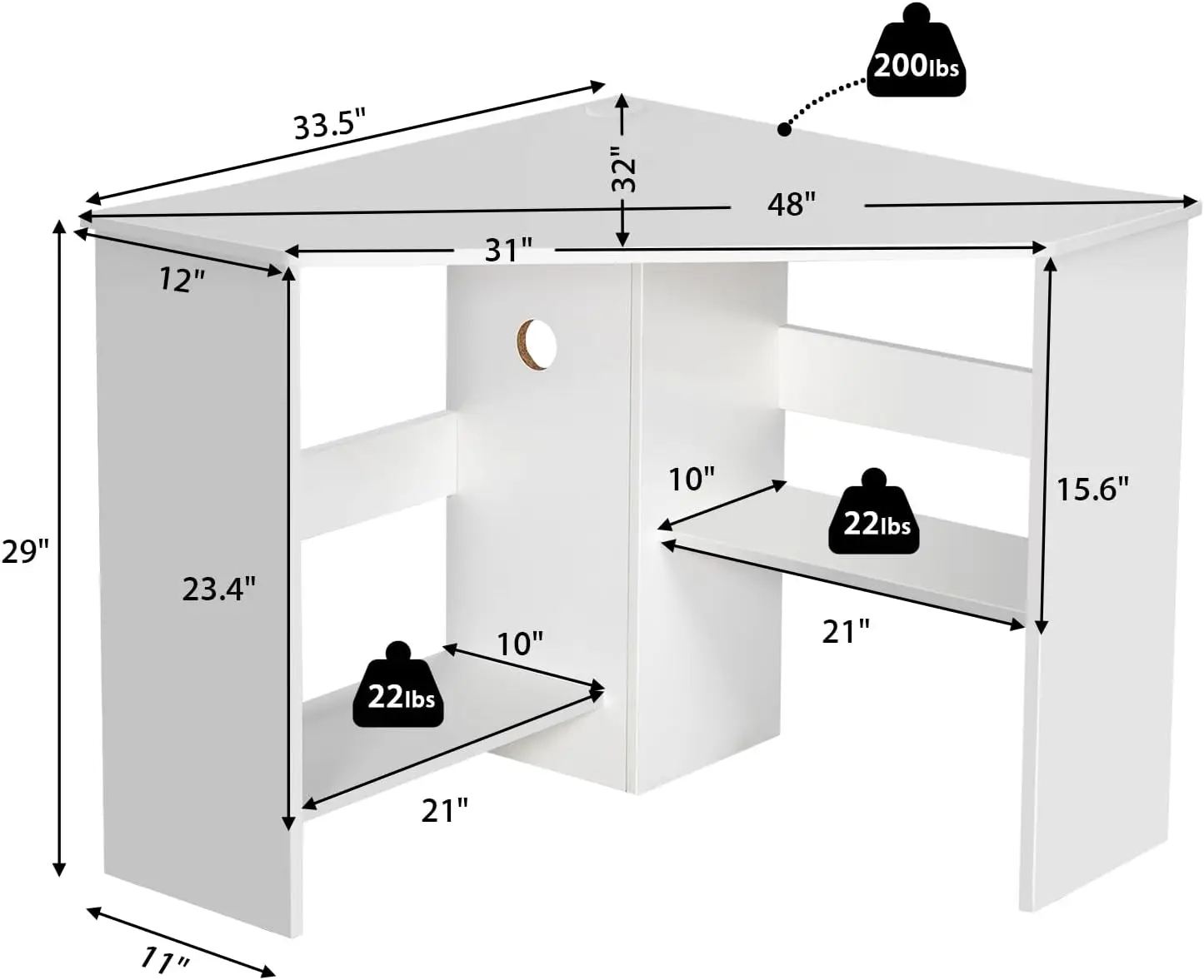 White Corner Desk - 90 Degrees Triangle for Computer, Small Space, Bedroom, Makeup Vanity Desk with Storage Shelves & C