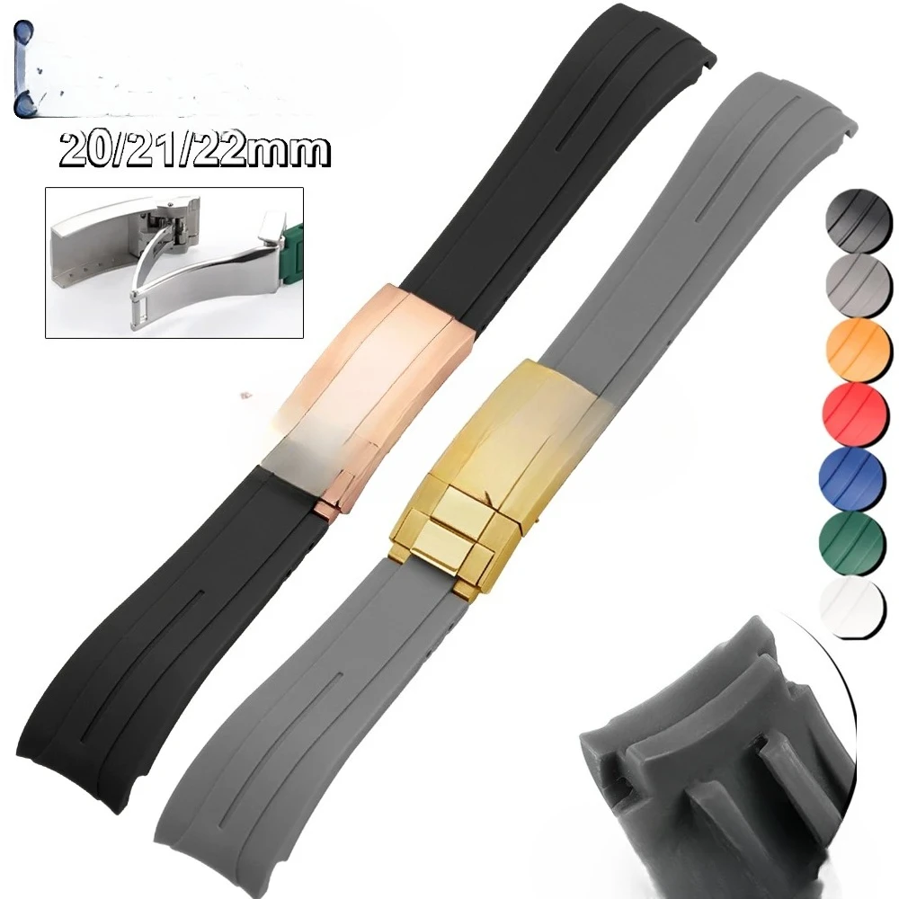 Curved End Rubber Watch Strap 20mm 21mm 22mm for Rolex for Water Ghost Waterproof Wrist Band Folding Buckle Bracelet