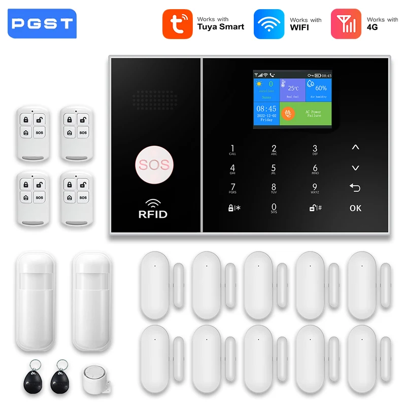 PGST 4G 2.4G WiFi Home Alarm System Tuya Security Protection Alarm Security System Set Smart Life Automation Motion Door Sensor