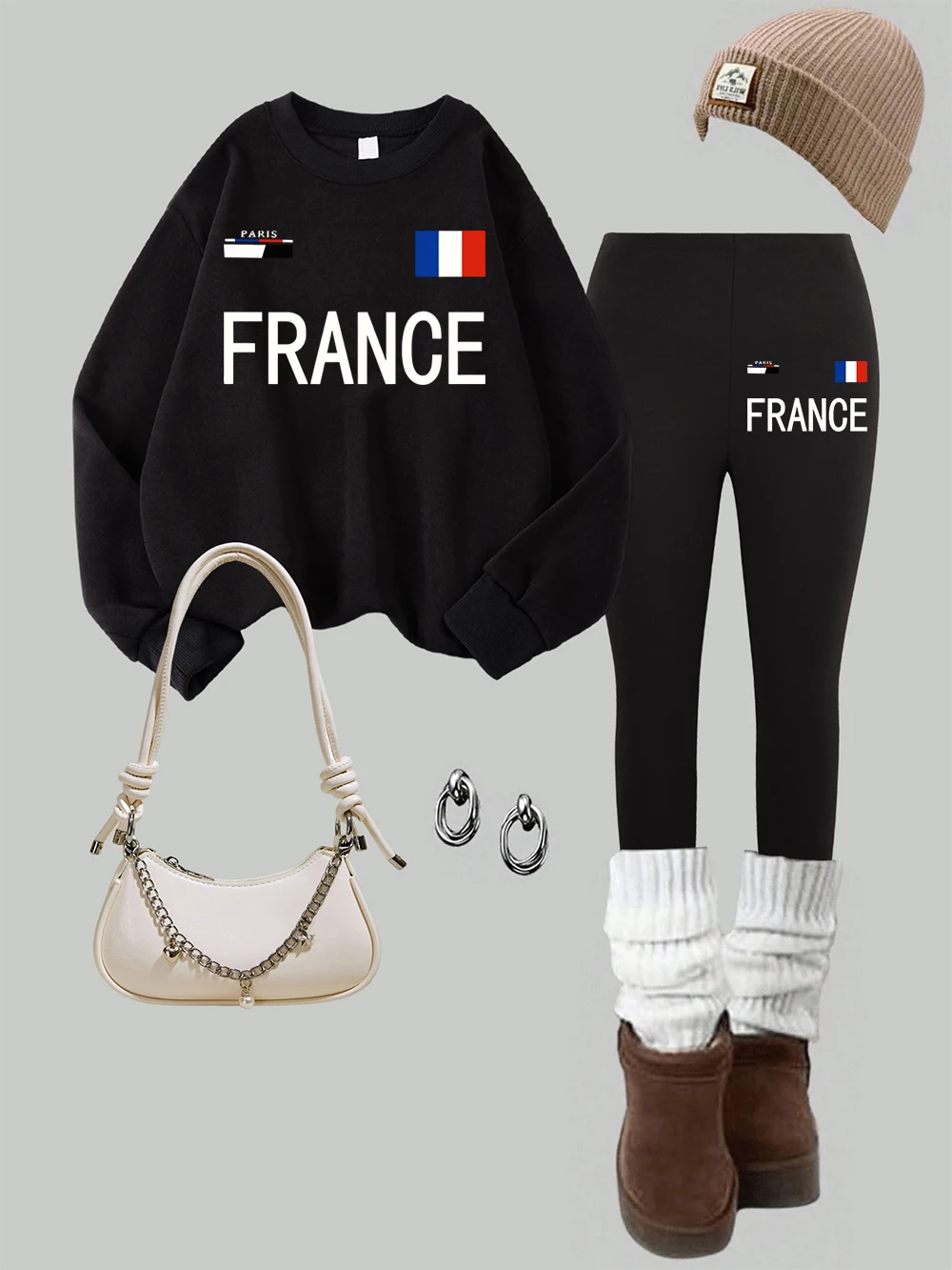 2 Piece Womens Paris France Letter Prints Sweatshirts Leggings Set Winter Warm Fleece Hoodie Pants Basic Womans Jogging Clothes