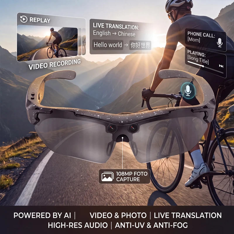 AI Sports Smart Sunglasses With Camera 2026 Bluetooth Cycling Windproof Sun Glasses Touch Control Translation Headphones Goggle