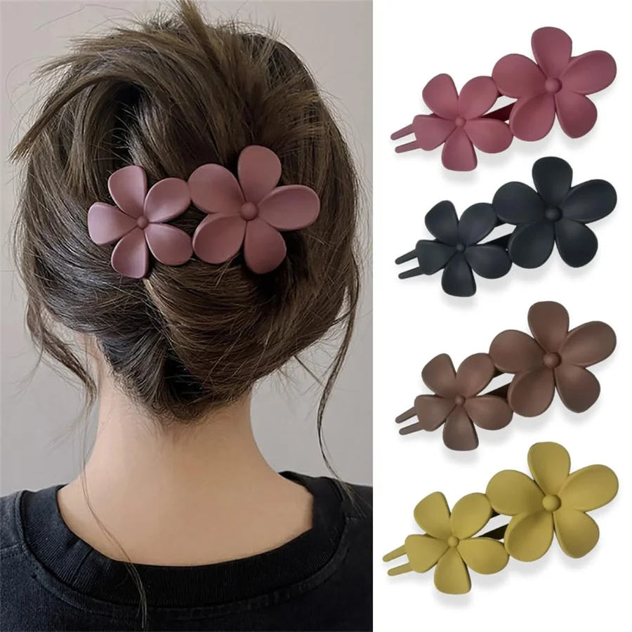 4Pcs flower Hair Clips Matte French Hair Barrette Black Floral Hairpins Hair Claw Clips Non-Slip Hair Clamps Grab Elegant Hair A