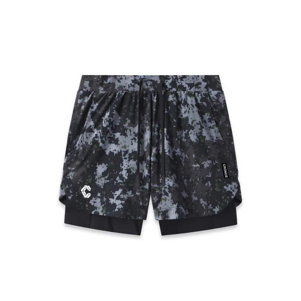Men's Digital Camouflage 2-in-1 Gym Shorts Quick Dry Workout Running Shorts with Built-in Compression Liner for Fitness Training