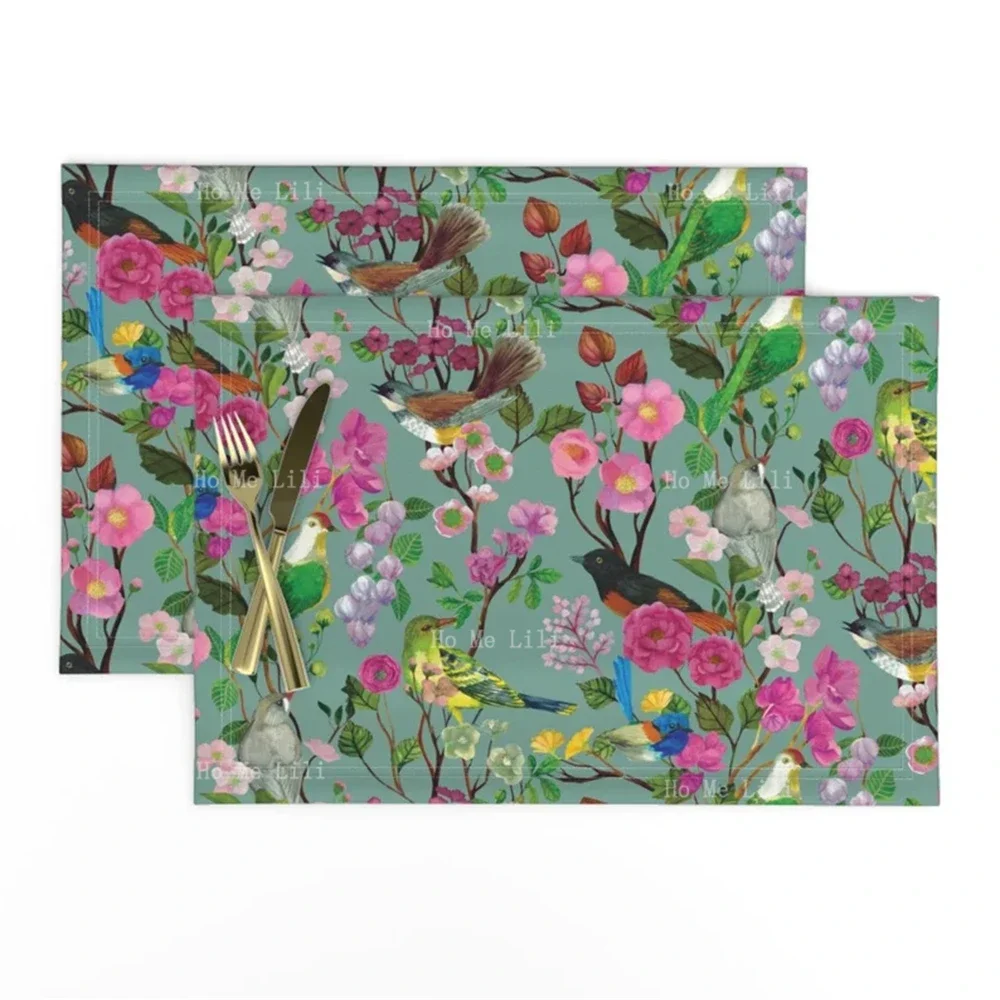 Mantel Individual de tela de poliéster con diseño de pájaros y flores para jardín, Mantel Individual inspirado en arte folclórico Vintage, color dorado mostaza, Scandi Hygge