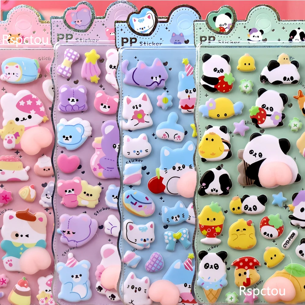 

8pcs Cartoon Panda Rabbit Cat 3D Puffy Squishy Stress Relief Stickers Cute Animal Soft Butt Decals DIY Stationery Bubble Sticker