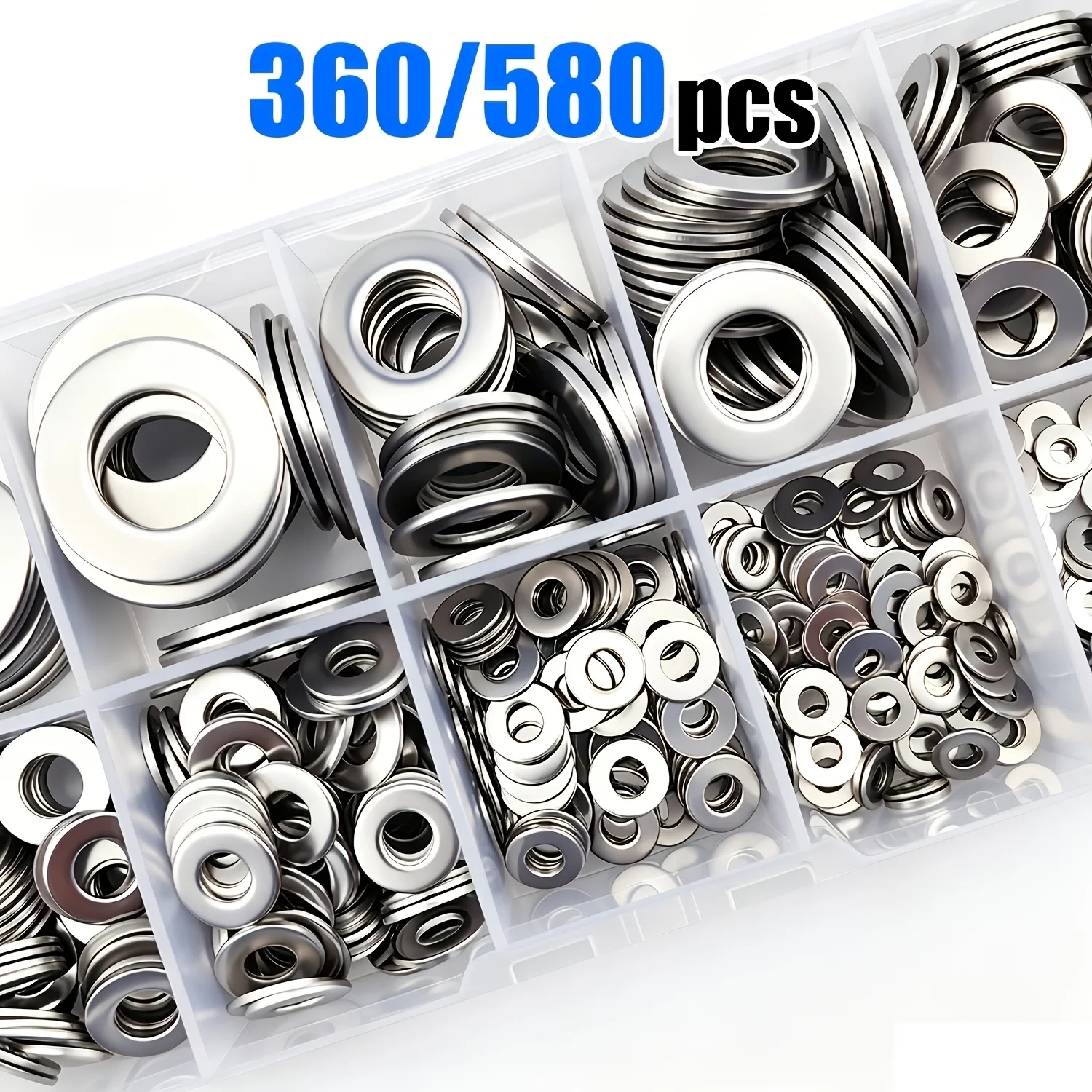 360/580pcs Stainless Steel Flat Washers Assortment M2-M12, Metric Washers for Home Repair, Factory, Kitchen, Shop & Outdoor Use