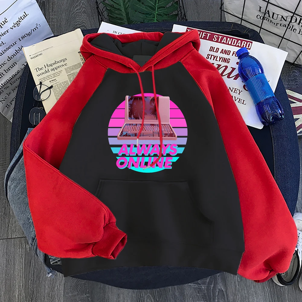 Street Trend Men Hoodie Funny Vaporwave Meme Always Online Retro 80S Printing Pullover Spliced Soft Sweatshirt Loose Fleece Tops