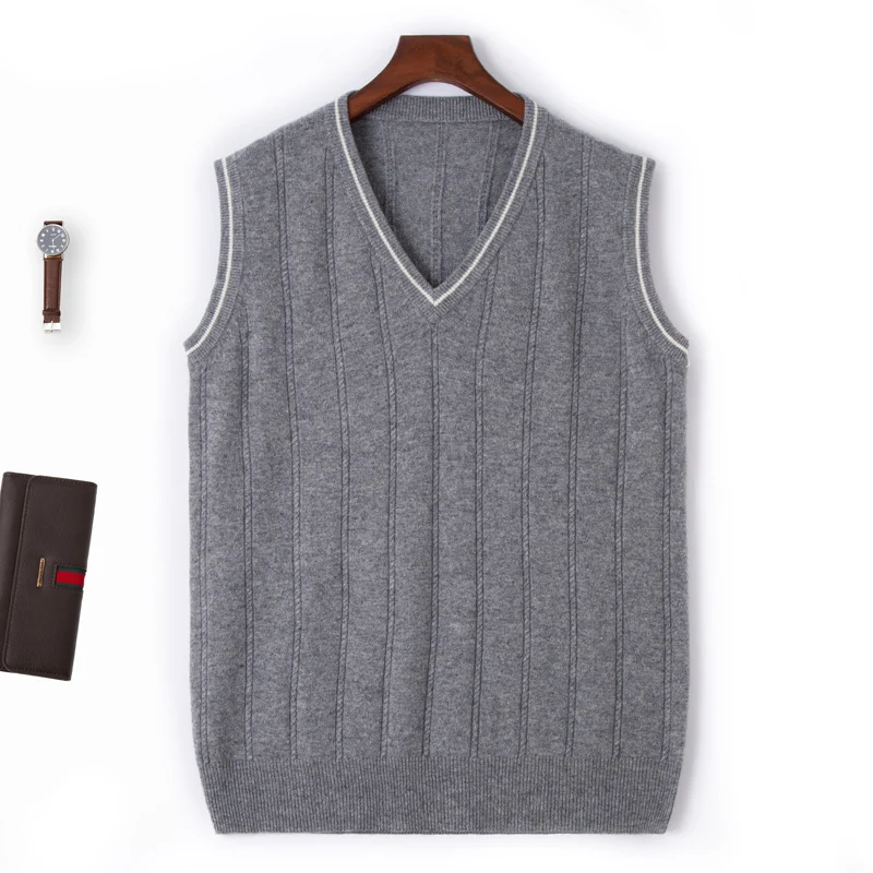 Autumn and Winter New Men's V-neck Pure Wool Sleeveless Knitted Vest, Pullover, Camisole, Versatile Sweater, Vest view 2