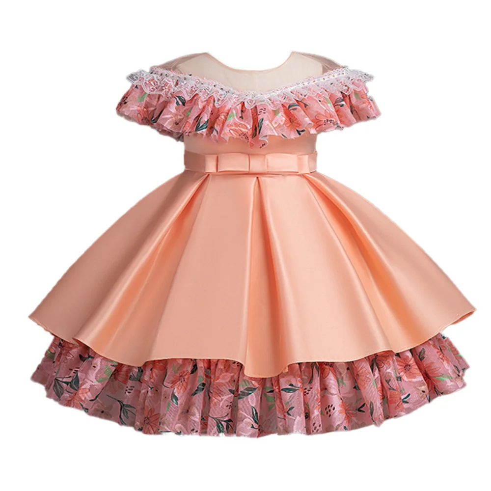 Girl\'s New Lace Flower Patchwork Bow Princess Dress Christmas Thanksgiving Family Gathering Sweet and Lovely Dress