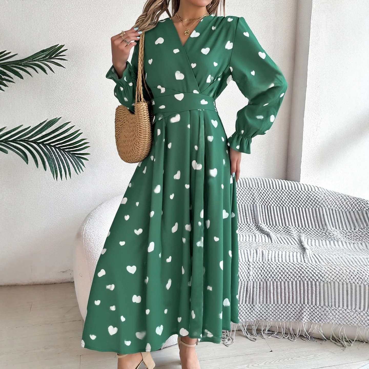 YuooMuoo Chic Mode Hart Print Esthetische Vrouwen Jurk 2026 Nieuwe Collectie Elegante Vintage Sjerp Bandage Lange Feestjurk Vestidos