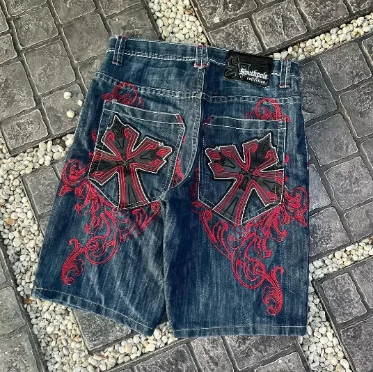 Celana pendek denim y2k bordir iman religius Harajuku Musim Panas 2024 baru jalanan retro hip-hop gothic denim celana lima titik traf