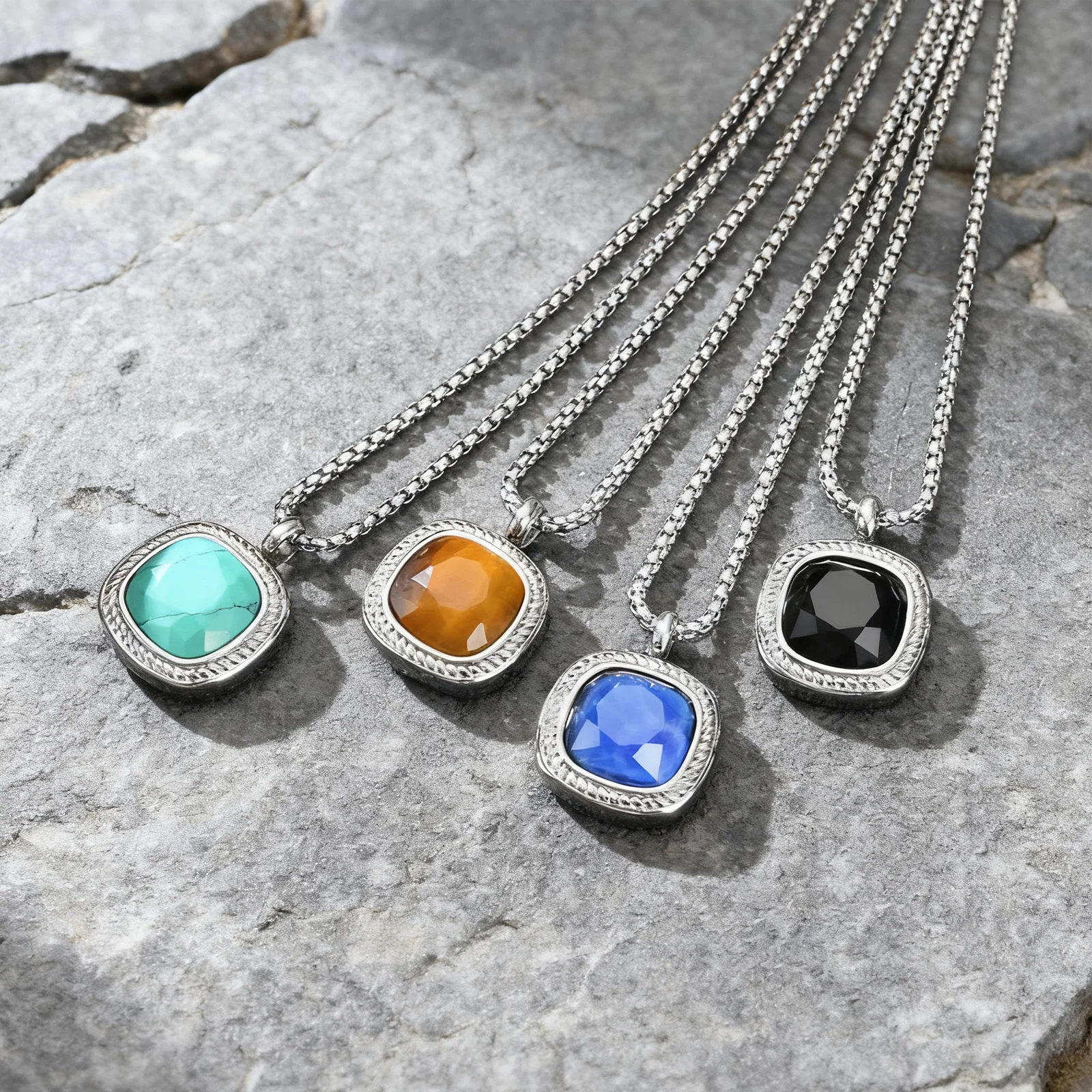 

Stylish Geometric Necklace for Men Boys,Stainless Steel Black Glass Natural Stone Square Pendant,Original Design Male Gifts