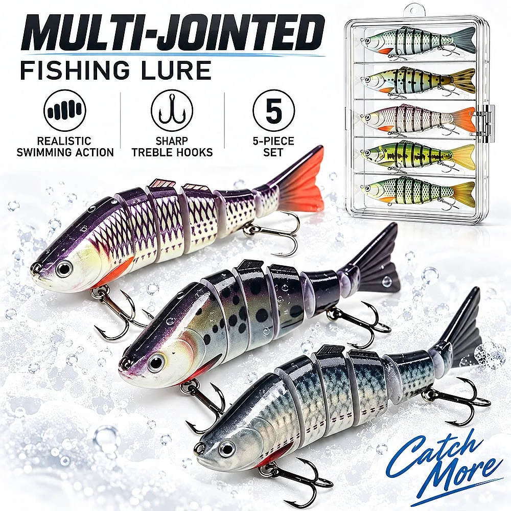 Rattle Swimbait 6-Segment Lifelike Sinking Lure 3/5/10 Pack Wobbler 3D Eyes for Bass Salmon in Deep Lake