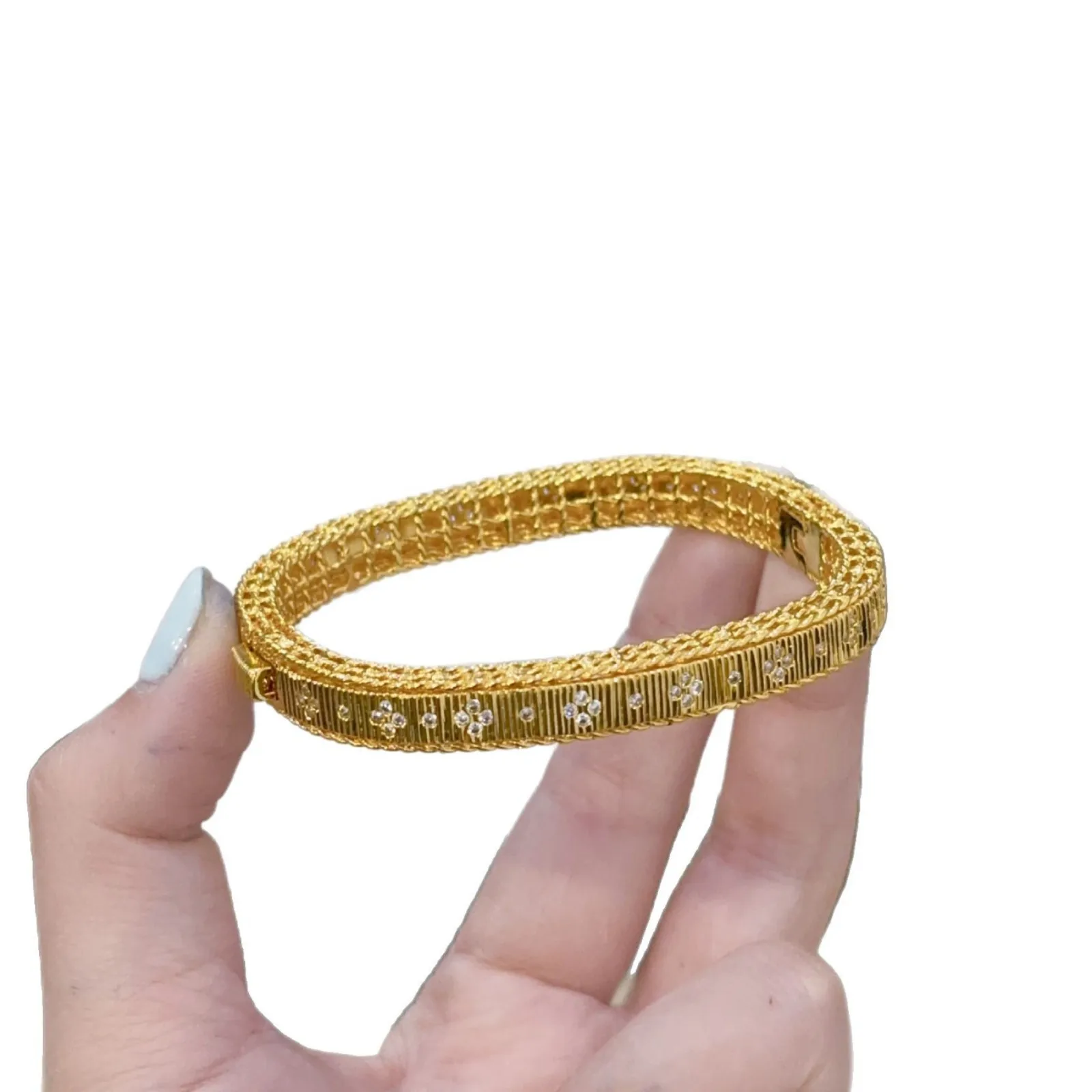 Luxury 24K 9999 Pure Gold real gold Women's Brushed Diamond Buckle Bracelet Square Stud Earrings - Image 5
