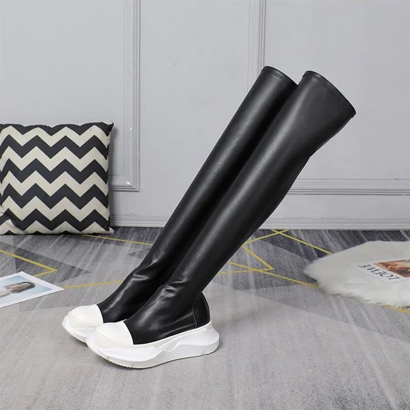 

Women's Boots Knee-high R0 Shoes for Women Leather Slip-on Boots Black Solid Rubber Height Increasing Shoes