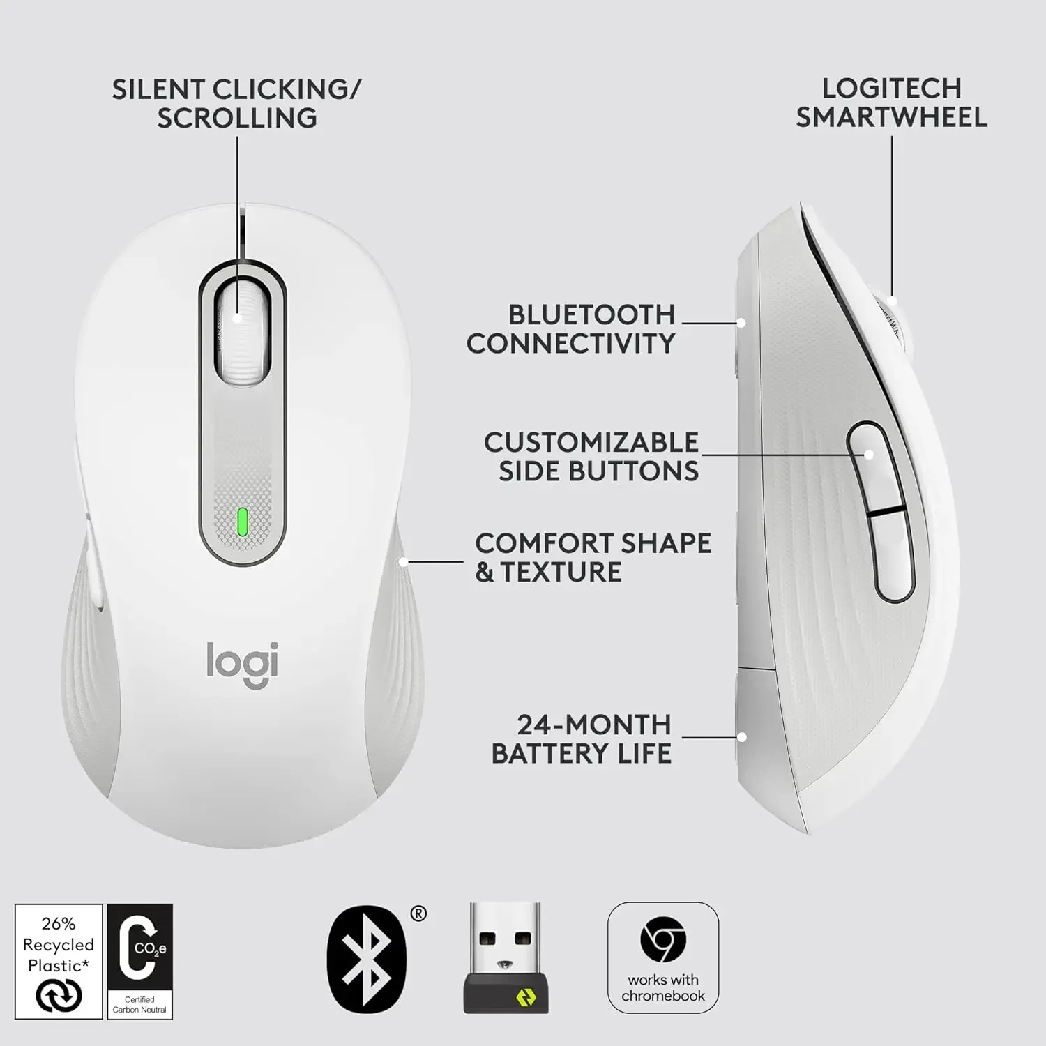 ماوس لوجيتك M650/M650L اللاسلكي الصامت - متوافق مع بلوتوث، مثالي لأجهزة المكتب، التوصيل والتشغيل، غير مدعم G HUB