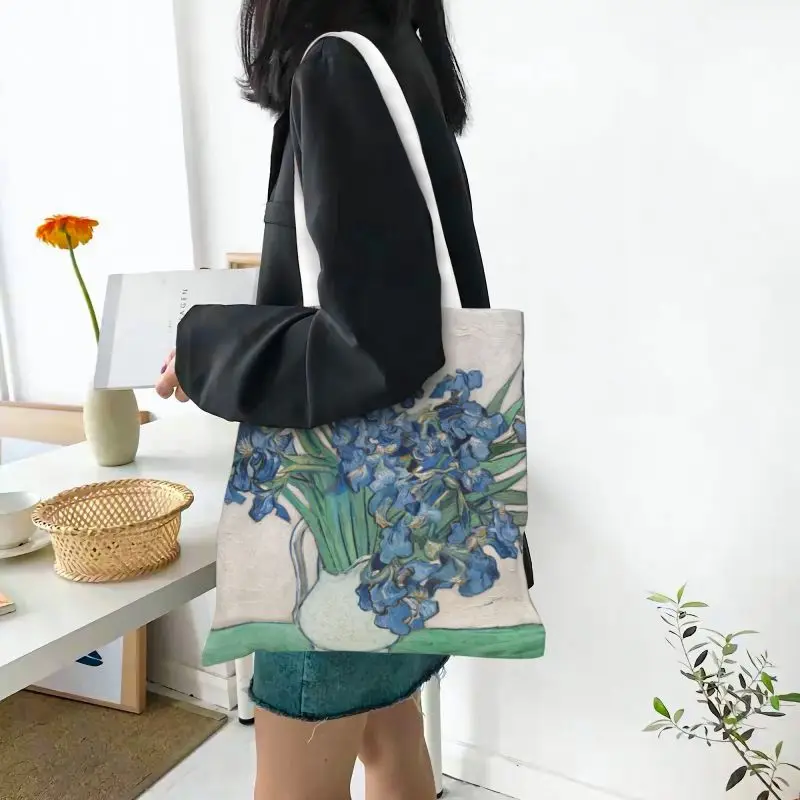 Custom Vincent Van Gogh Irissen Winkelen Canvas Tassen Vrouwen Herbruikbare Kruidenier Art Schilderen Tote Shopper Tassen