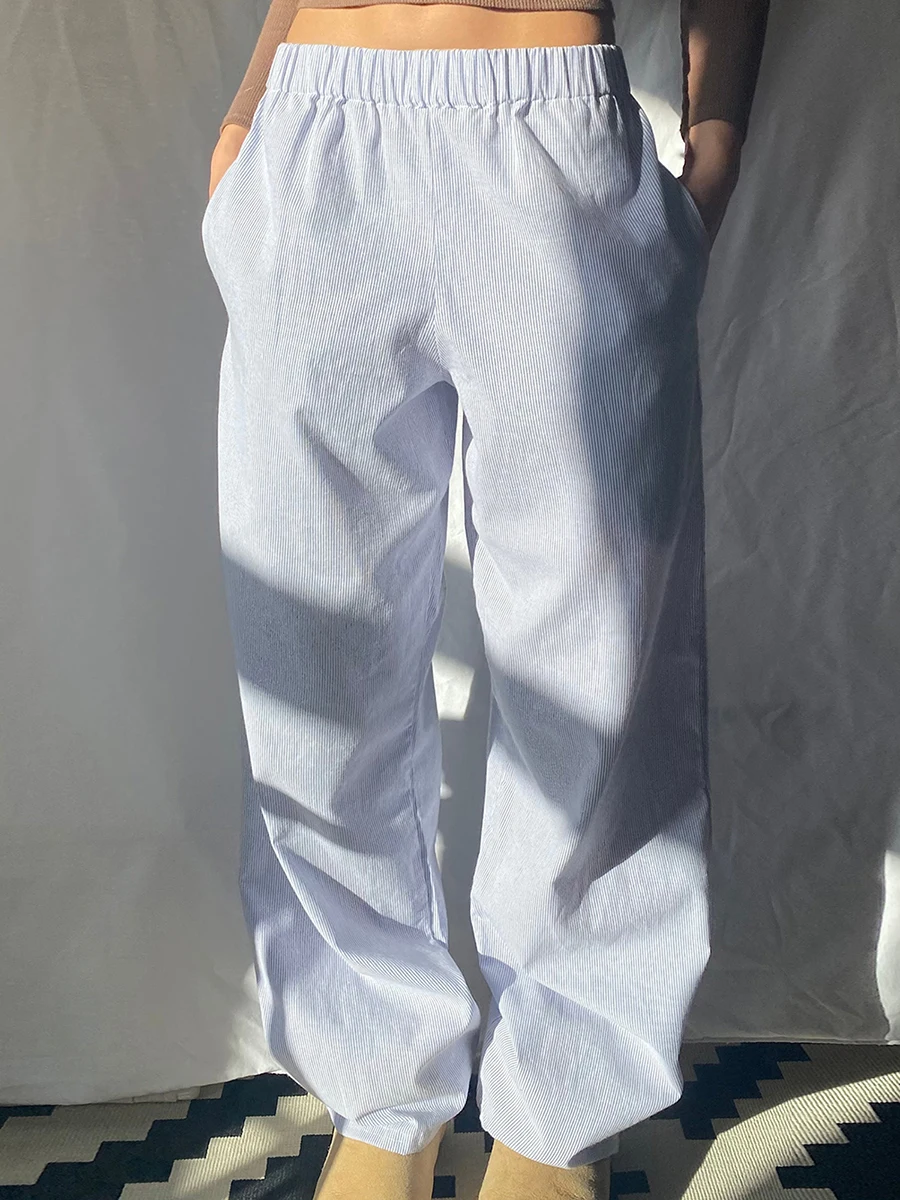 Hot Women\'S Casual Sports Striped Pants Elastic Waist Solid Color Loose Pants with Pockets For Street Clothing