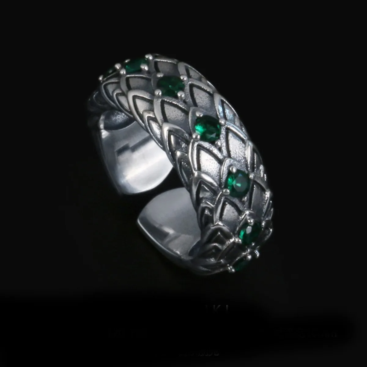 Thai Silver Serpent Rings, Retro Green Crystal Scale Design, Unisex Index Ring