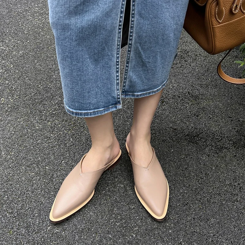 Flat Shoes Woman Slip On Cow Leather Mules Female Muller Shoes Pointed Toe Footwear Basic Style Handmade Ladies Flats Size 40