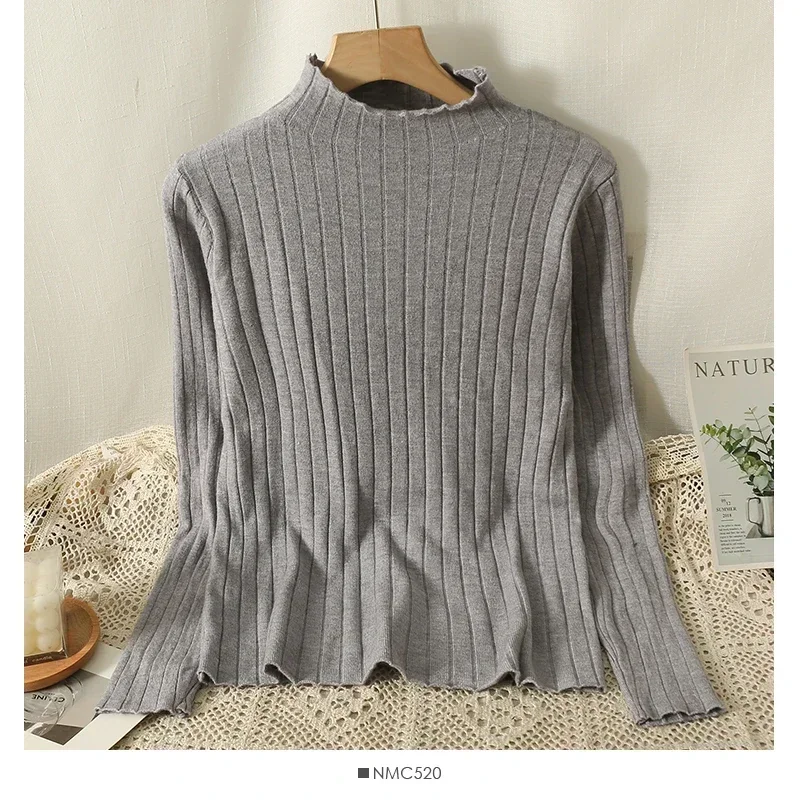 2026 جديد الخريف الشتاء نصف الياقة العالية كم طويل مضلع بلوفر مغزول عادية بلون لينة البلوزات القمم الأساسية