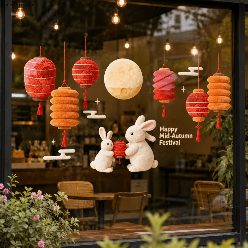 Moon Mid-Autumn Festival Stickers Decoration Electrostatic Window Stickers Moon Cake Rabbit Door Stickers Storefront Windows