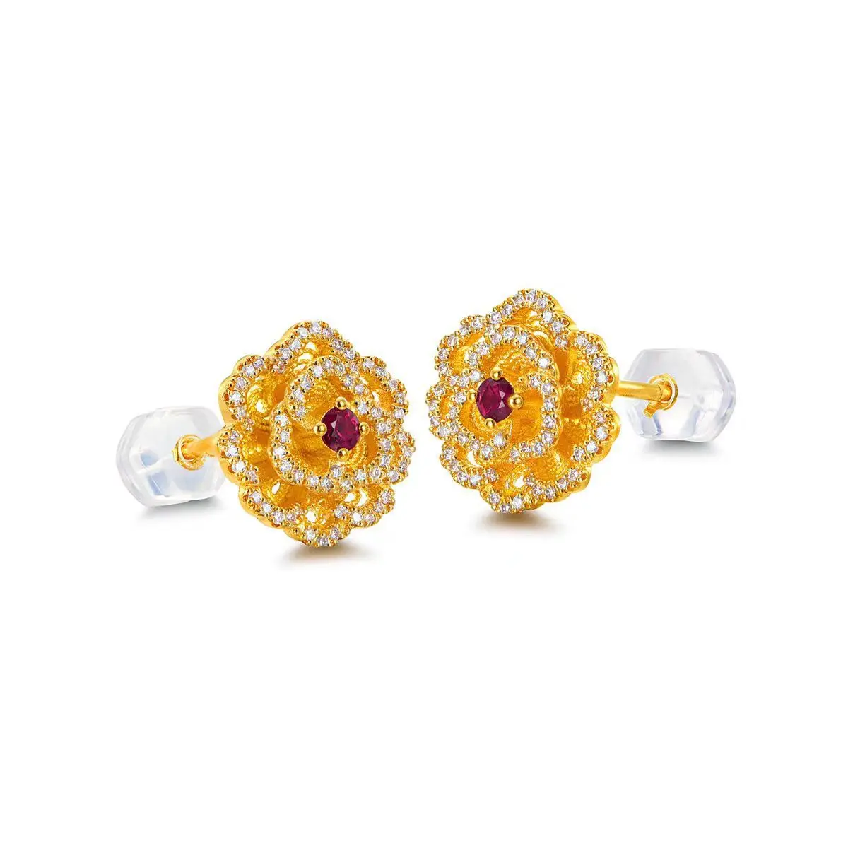 9999 24K real gold point diamond rich peony pendant earrings set female temperament gold shop the same rich jewelry