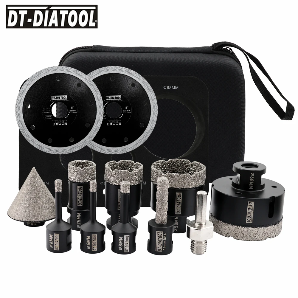 DT-DIATOOL Fliesenbohrer-Set 10-teilig Lochsäge Fräs- und Abschrägungsbits Sechskant 125mm Schneidscheiben für Keramik Marmor Granit M14 Gewinde – Detail 4