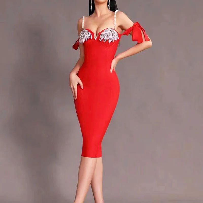 Pearl Suspender Sexy Backless Pearl Diamonds Crystal Black Mini Bodycon Bandage Dress Celebrity Evening Club Party Dresses