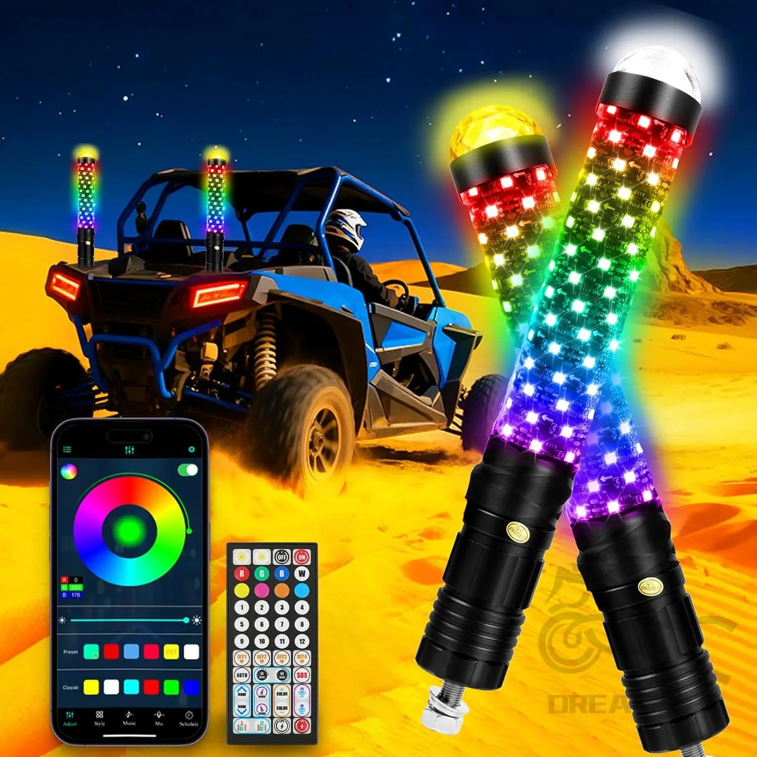 2PCS 1FT Fat Whip Lights Spiral LED Whip Light with Strobe Light RGB Chasing Dancing Lighted Antenna Whips APP Remote Control