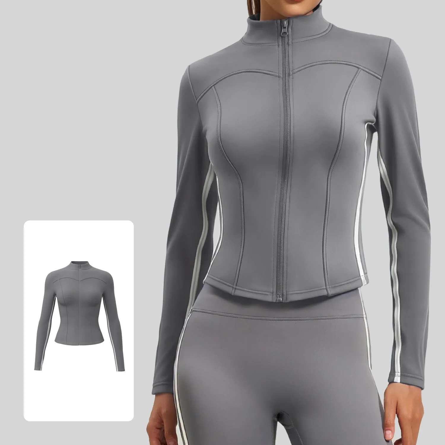 Contrast Striped Stand Collar Yoga Jackets Zipper Tight Slim Gym Sports Jackets For Woman Fitness Running Quick Dry Tops Coat