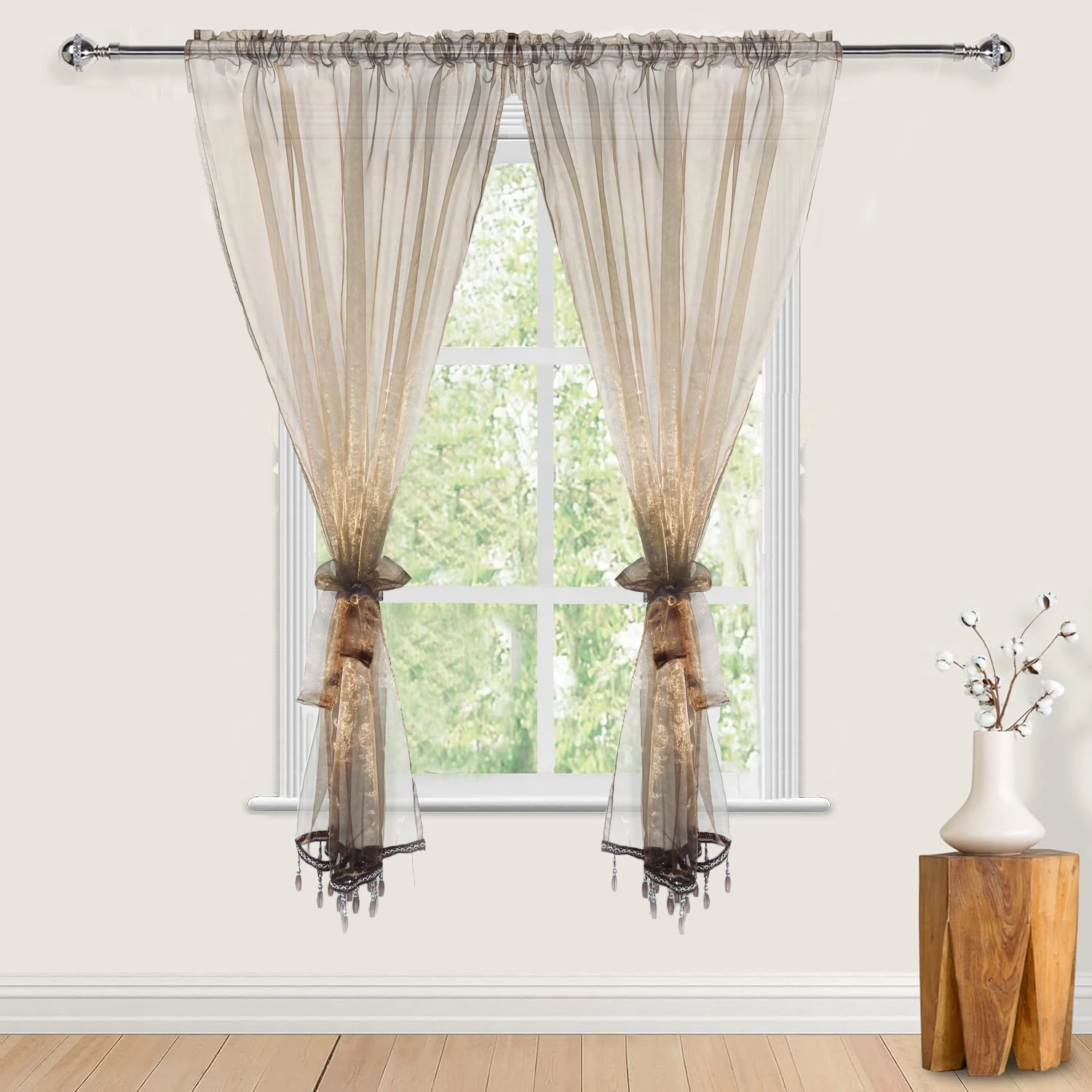 

Flying Sheer Curtains for Living Room,Rod Pocket Farmhouse Window Valance, Bead Trim Tassel Voile Sheer Curtain for Bedroom