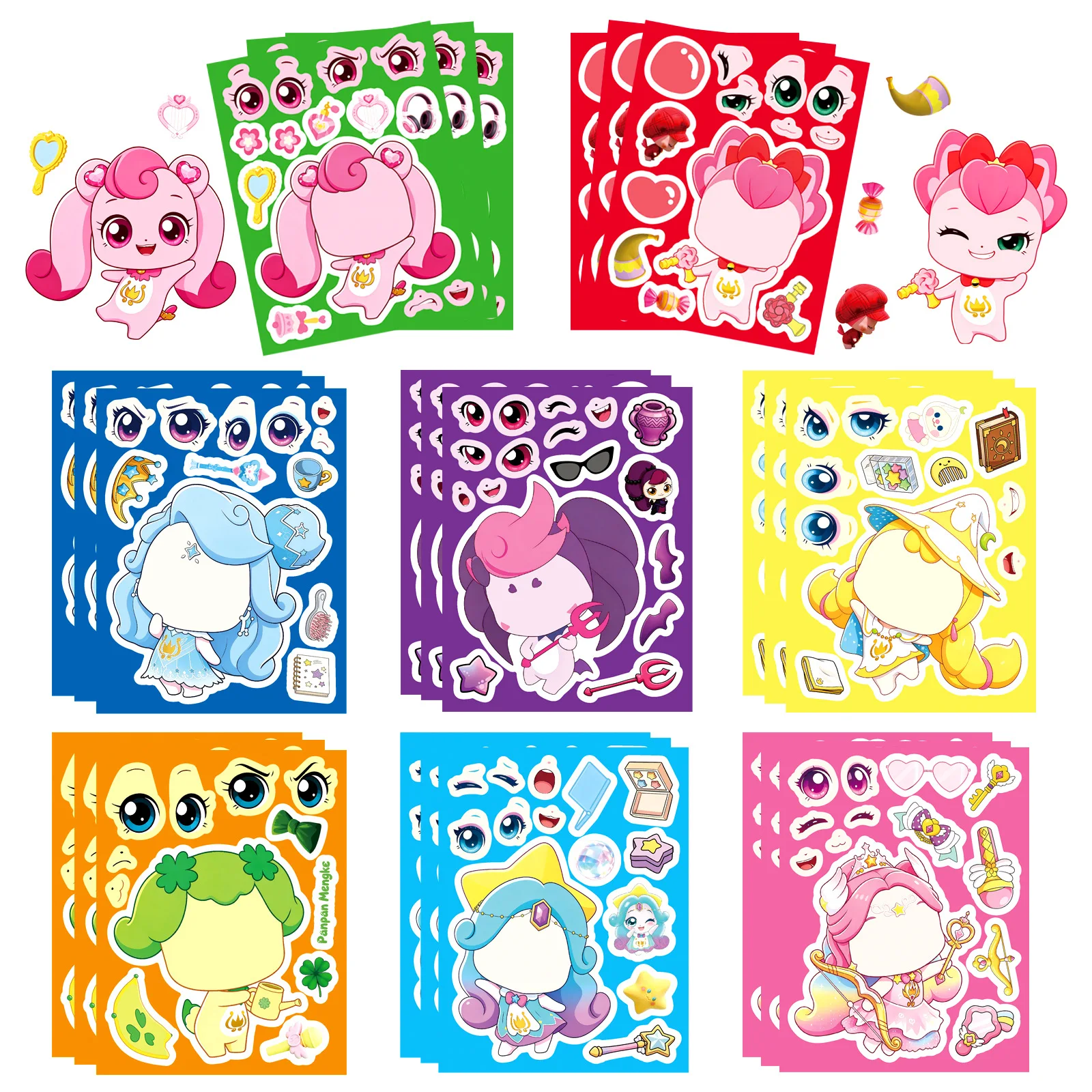    8 feuilles de stickers de puzzle à assembler soi-même, thème dessins animés et anime 'Crée une face', éducatifs, mignons, papeterie, jouets, cadeau