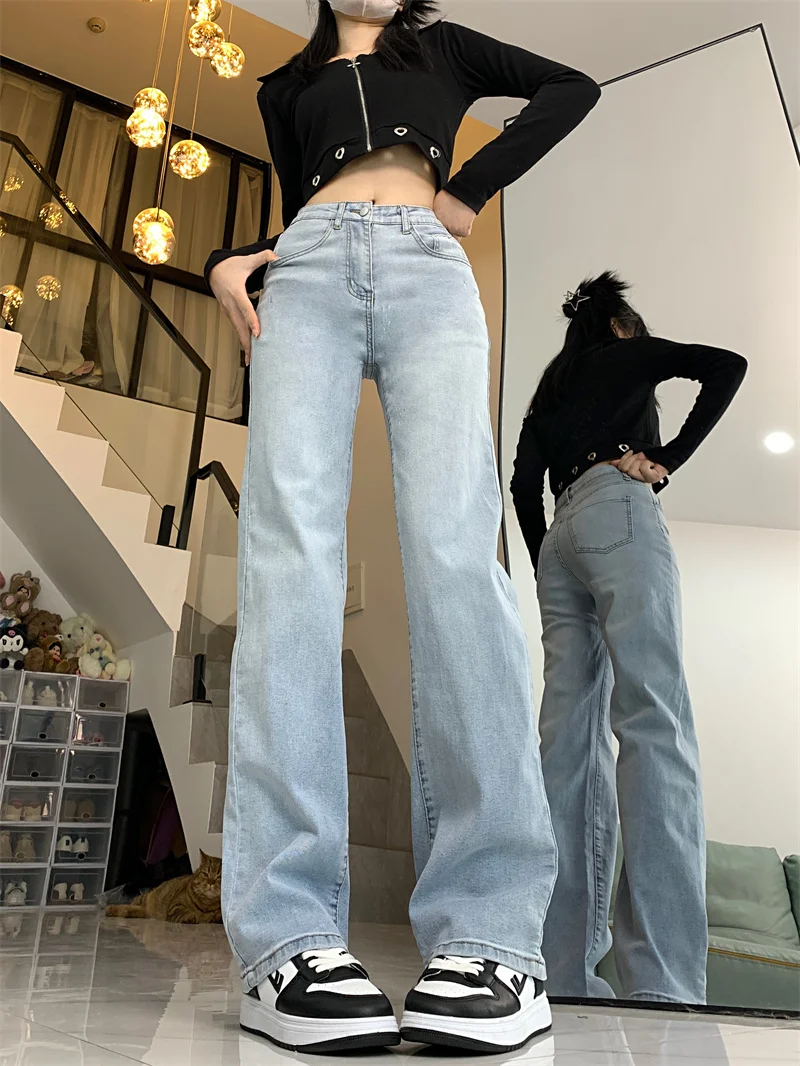 

High Waist Slim Fit Straight Leg Denim Jeans Women's Spring New Sle plus Size MM e Tube Pants Small Size Wide Leg Pants