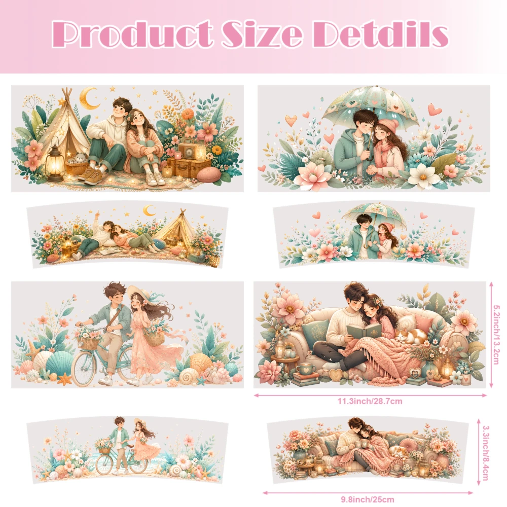 4 Sheets Romantic Floral Couple Camping Reading Cycling Umbrella Garden UV DTF Stickers for 40oz Tumblers Vinyl Decal Set
