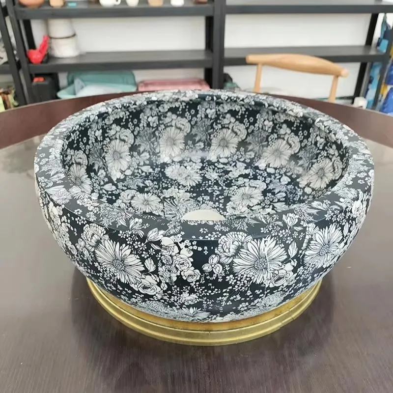 Dark blue porcelain countertop bathroom sink with flower pattern 12 liters capacity