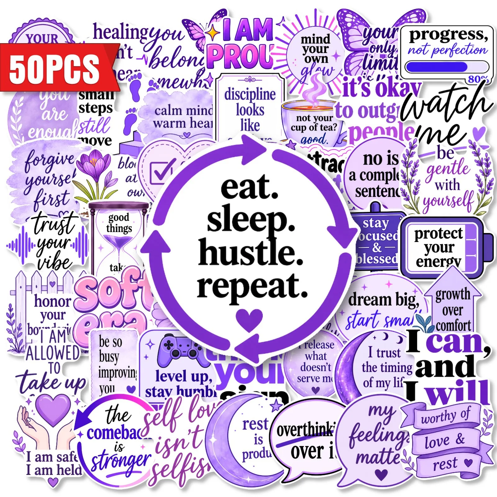 50PCS Purple Inspirational Quote Artistic Theme Stickers Student Hand Account Material Laptop Greeting Card Waterproof DIY Decal
