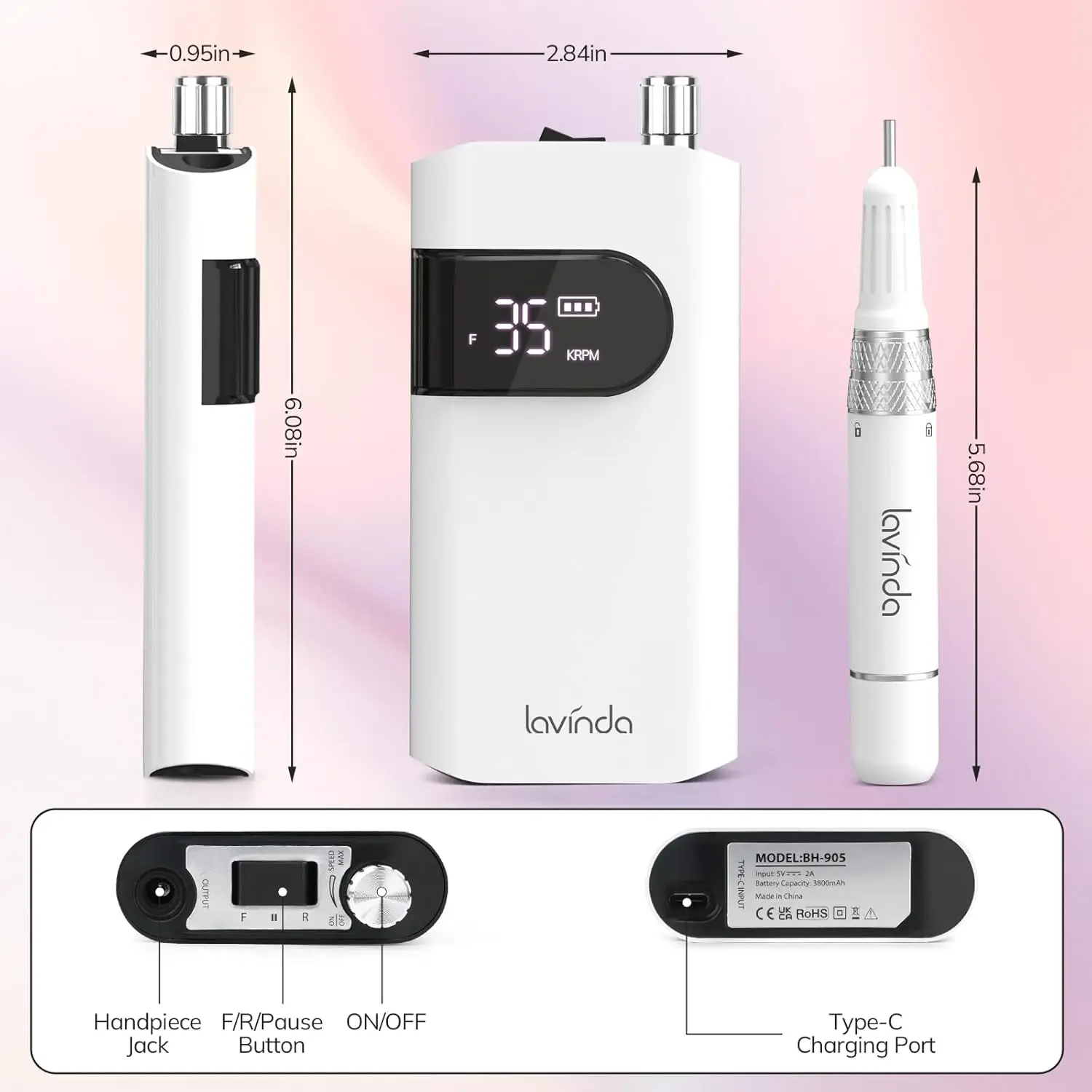 Professional Cordless Nail Drill Machine, 35000RPM Electric File for Acrylic Gel Nails, Manicure Pedicure Tools - White