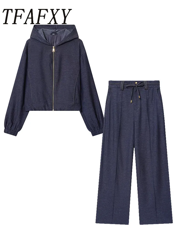 TFAFXY Vintage Casual Chic Frauen Anzug Solide Zipper Mit Kapuze Bluse Kordelzug Gerade Hosen Neue Mode 2025, Herbst Anzüge