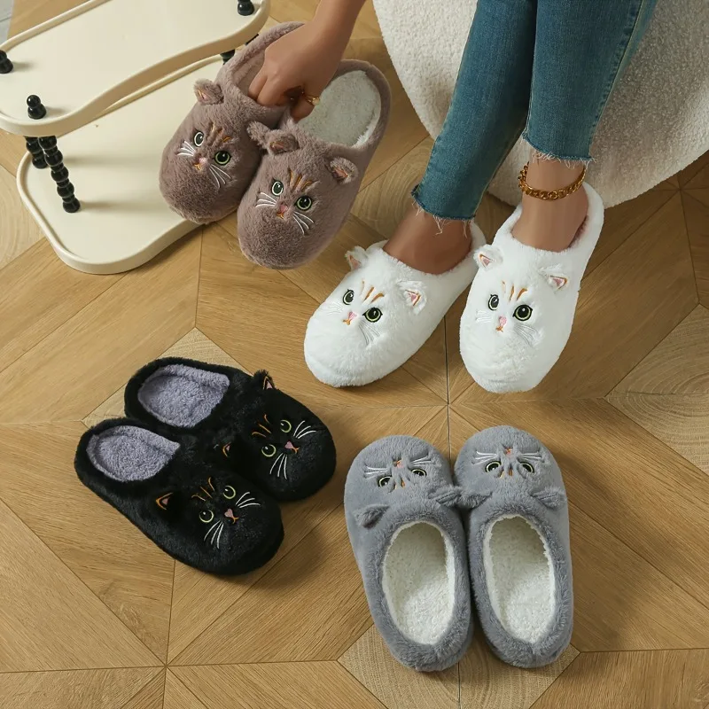 

Winter Home Slippers Women Shoes Cute Cartoon Cat Slippers Men Warm Plush Slides Indoor Bedroom Non-Slip Floor Slipper