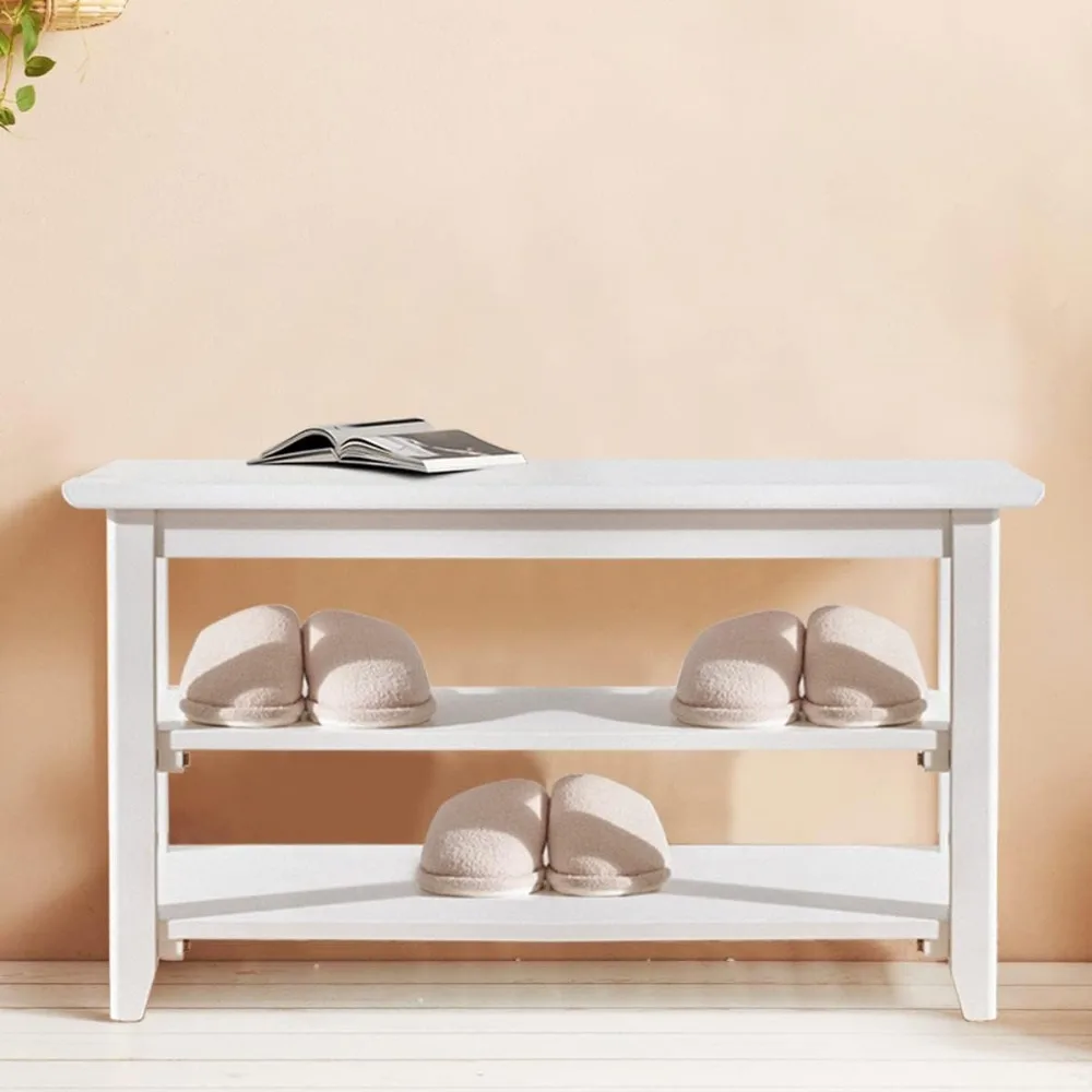 مقعد تخزين أحذية خشبي أبيض مقاس 32 بوصة مكون من 3 طبقات للمدخل والممر