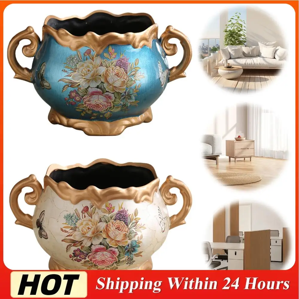 

Hand Painted Pattern Vase with Handle American Style Double Ear Vase Handcrafted Glazed Vase for Living Room Kitchen Table Desk