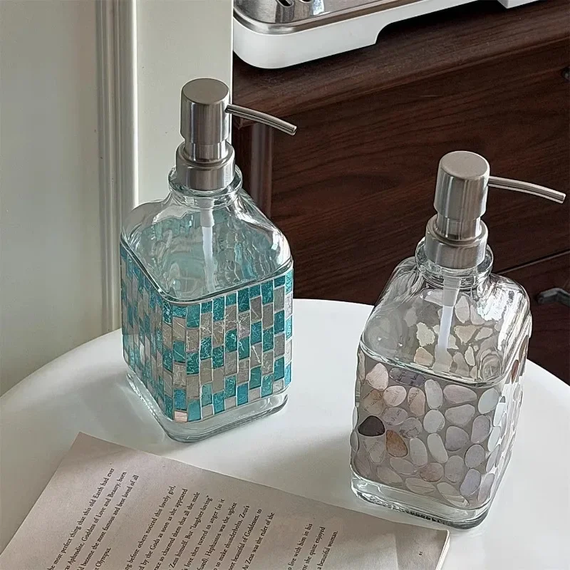 Nordic Glass Mosaic Lotion Dispenser, Creative Press Pump Bottle for Bathroom Sink, Handmade Decor Art for Countertop Organizer