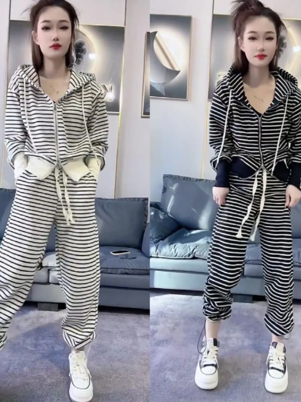 

Slimming Striped Zipper Hooded Jacket And Long Pants Two-Piece Set for Women Fashionable Casual Sportswear Spring Autumn