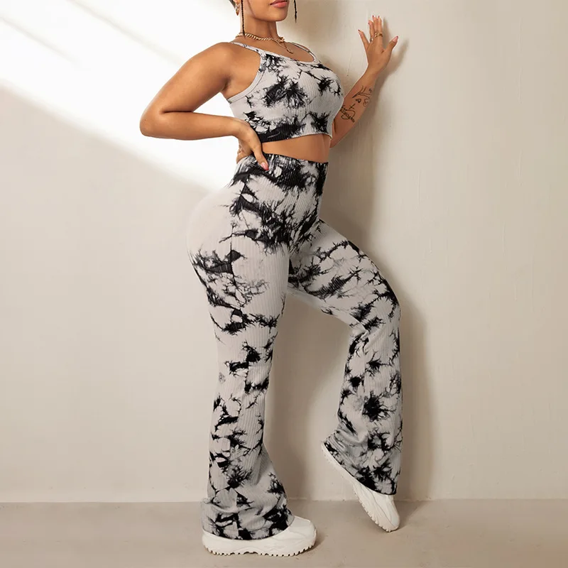 Tie-dye Yoga Pants Two-piece Set Women's High Waist Tight Training Pants Sports Fitness Pants Vest Set Seamless Yoga