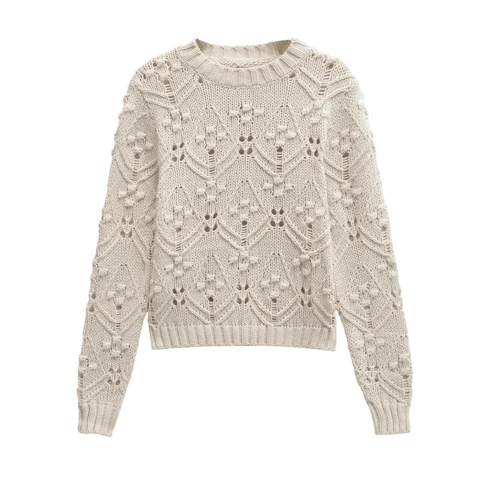 

2024 Autumn New Fashion Women's Versatile Ball Decoration Hollow Weaving Round Neck Long Sleeve Knitted Sweater