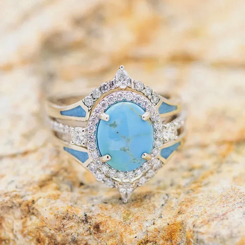 CAOSHI Delicate Bohemia Style Finger Ring Female Party Jewelry with Bright Zirconia Exquisite Imitation Turquoise Accessories