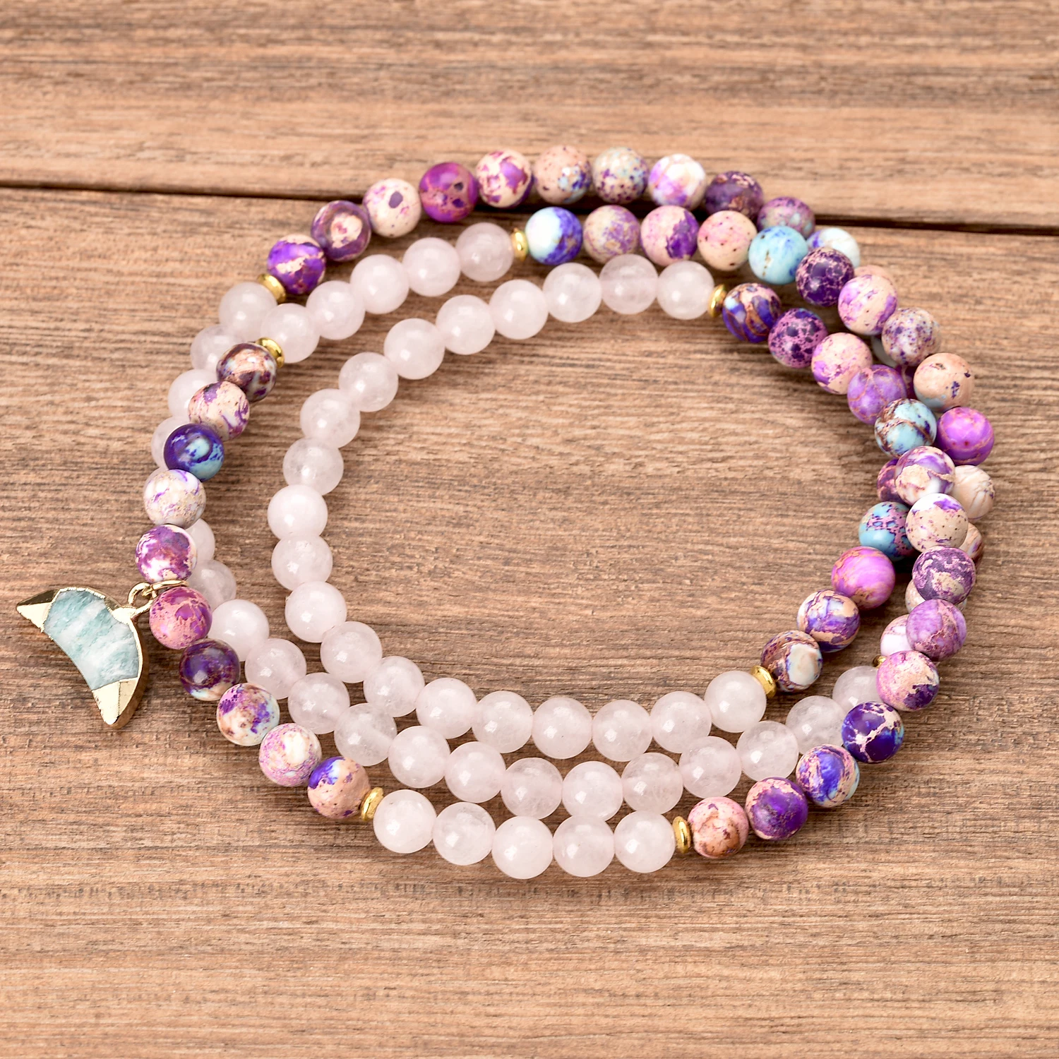 Handmade 108 Wrap Mala Prayer Bracelets Impression Jasper and Rose Quartz Bracelet Yoga Amazonite Moon Pendant 6mm