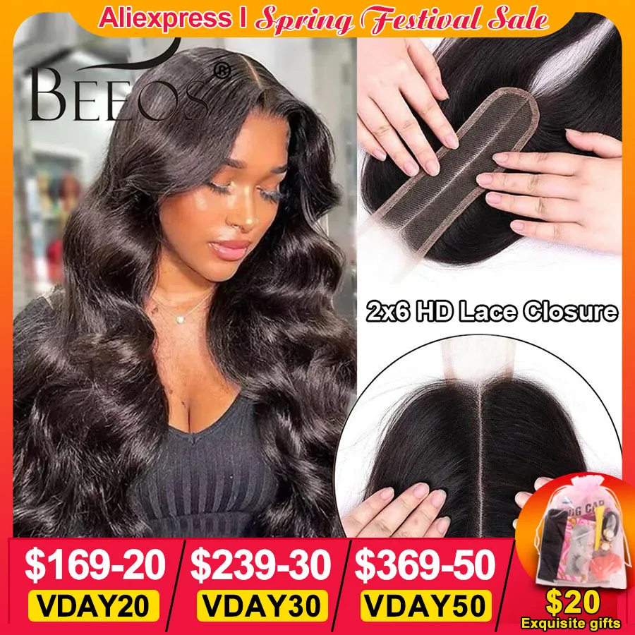 BEEOS 2X6 HD Lace Closure Only Body Wave Kim K 2x6 Middle Deep Parting Closure Human Hair For Women Pre plucked Brazilian Virgin