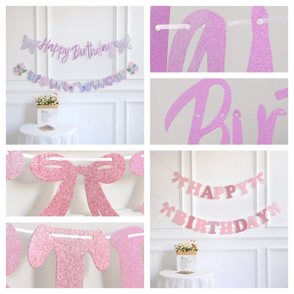 Pink Bow Banner Cake Toppers Spirl viola farfalla bandiera ragazze principessa festa di compleanno forniture matrimonio Baby Shower decorazione